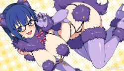 Rule 34 | 1girl, animal ear fluff, animal ears, black-framed eyewear, black nails, blue eyes, blue hair, blush, breasts, ciel (tsukihime), claw pose, cleavage, cosplay, elbow gloves, fake animal ears, fake tail, fang, fate/grand order, fate (series), fur-trimmed collar, fur-trimmed gloves, fur-trimmed legwear, fur trim, glasses, gloves, hair between eyes, hand up, high heels, kemonomimi mode, large breasts, looking at viewer, mash kyrielight, mash kyrielight (dangerous beast), mash kyrielight (dangerous beast) (cosplay), mizuki makoto, nail polish, o-ring, o-ring top, official alternate costume, open mouth, pink ribbon, purple gloves, purple thighhighs, revealing clothes, ribbon, short hair, smile, solo, tail, thighhighs, tsukihime, tsukihime (remake), wolf ears, wolf tail