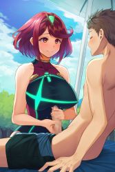 Rule 34 | 1boy, 1girl, ass, bad id, bad pixiv id, blush, breasts, brown hair, censored, competition swimsuit, erection, closed eyes, handjob, jagaimo (kkamja), large breasts, mosaic censoring, nintendo, one-piece swimsuit, open mouth, penis, pyra (pro swimmer) (xenoblade), pyra (xenoblade), red hair, rex (cloud sea shark) (xenoblade), rex (xenoblade), swimsuit, teeth, topless male, xenoblade chronicles (series), xenoblade chronicles 2