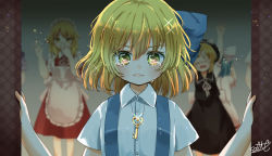 Rule 34 | 1girl, absurdres, alice margatroid, alice margatroid (pc-98), blonde hair, blue dress, blue hairband, closed mouth, crying, crying with eyes open, dress, green eyes, grey background, hair ornament, hairband, highres, key, looking at viewer, mai (touhou), open door, sad, salt (seasoning), short hair, short sleeves, solo, suspenders, tears, touhou, touhou (pc-98), yellow eyes, yuki (touhou), yumeko (touhou)