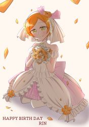 Rule 34 | 1girl, absurdres, artist name, artist request, back bow, bare shoulders, bouquet, bow, breasts, cherry blossoms, choker, cleavage, collarbone, dress, earrings, female focus, flower, gloves, green eyes, hair between eyes, hair flower, hair ornament, half-closed eyes, highres, holding, holding bouquet, hoshizora rin, jewelry, looking at viewer, love live!, love live! school idol festival, love live! school idol project, love wing bell, love wing bell (love live!), miniskirt, orange flower, orange hair, orange petals, parted lips, petals, pink bow, pink skirt, plaid, plaid dress, plaid skirt, pleated, pleated dress, pleated skirt, pom pom (clothes), pom pom hair ornament, short dress, short hair, skirt, sleeveless, sleeveless dress, small breasts, smile, solo, strapless, strapless dress, veil, wedding dress, white background, white choker, white dress, white gloves, white legwear, white skirt, white veil, white wrist cuffs, wrist cuffs, yellow eyes, yellow flower