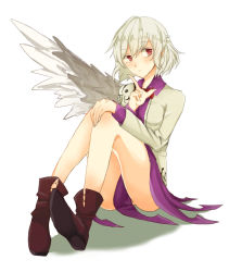 Rule 34 | 1girl, black footwear, bow, bowtie, braid, clothes between thighs, dress, eyebrows, full body, grey jacket, index finger raised, jacket, kishin sagume, knees up, konnyaku (yuukachan 51), long sleeves, looking to the side, no panties, purple dress, red bow, red bowtie, red eyes, shadow, shoes, short hair, silver hair, simple background, single wing, sitting, solo, touhou, white background, wings