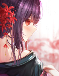 Rule 34 | 1girl, absurdres, bad id, bad twitter id, blush, flower, hair between eyes, hair flower, hair ornament, highres, idolmaster, idolmaster shiny colors, looking away, looking to the side, morino rinze, nape, portrait, profile, purple hair, red flower, sky cappuccino, solo, spider lily