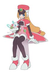 Rule 34 | 1girl, android, black bodysuit, blonde hair, blue eyes, bodysuit, bodysuit under clothes, coat, hat, highres, invisible chair, long hair, mega man (series), mega man zx, pink coat, pink hat, prairie (mega man), robot ears, shako cap, simple background, sitting, solo, stuffed animal, stuffed cat, stuffed toy, vani (hisha 04), white background