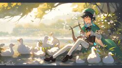 Rule 34 | 1boy, androgynous, aqua hair, bird, black footwear, black hair, braid, brown corset, cape, closed eyes, corset, duck, flower, genshin impact, green cape, green headwear, green shorts, hair flower, hair ornament, happy birthday, highres, holding, holding instrument, instrument, lake, leggings, long sleeves, low twin braids, lyre, male focus, multicolored hair, open mouth, shirt, shorts, sitting, smile, solo, twin braids, venti (genshin impact), water, white flower, white leggings, white shirt, windmill, xizuchan6