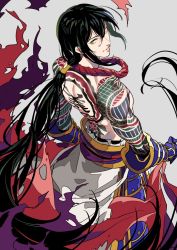 Rule 34 | 1boy, armor, bishounen, black hair, commentary request, fate/grand order, fate (series), full-body tattoo, gauntlets, green eyes, grey background, hair between eyes, hair tubes, highres, japanese armor, long hair, looking at viewer, looking back, male focus, parted lips, simple background, smile, solo, standing, tattoo, tenobe, topless male, very long hair, yan qing (fate)