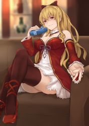 Rule 34 | 10s, 1girl, blonde hair, blurry, bow, box, breasts, brown thighhighs, cleavage, couch, crossed legs, depth of field, detached sleeves, dress, gift, gift box, granblue fantasy, hair bow, heart-shaped box, high heels, highres, indoors, jewelry, large breasts, long hair, pendant, red bow, red eyes, red footwear, shoes, short dress, sitting, smile, smug, solo, terry (pixiv3274443), thighhighs, vira (granblue fantasy), white dress