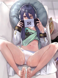 Rule 34 | 1girl, bag, barefoot, black hair, blush, bottle, brown eyes, chips (food), coat, couch, crop top, cum, cum on body, cum on crotch, cum on feet, exia (nikke), feet, food, goddess of victory: nikke, handheld game console, headphones, highres, holding, legs, long hair, long sleeves, looking at viewer, lukapia, lying, on back, on couch, open clothes, open coat, panties, potato chips, shirt, solo, spread legs, stomach, sweat, thighs, toes, underwear, white coat, white panties