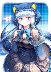 Rule 34 | 10s, 1girl, :&lt;, absurdres, blue bow, blue bowtie, blue eyes, blue hair, bow, bowtie, capelet, commentary request, frilled capelet, frills, gradient hair, highres, hood, japari symbol, kanzakietc, kemono friends, komodo dragon (kemono friends), long hair, long sleeves, looking at viewer, multicolored hair, puffy sleeves, silver hair, solo, tail