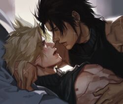 Rule 34 | 2boys, aqua eyes, arm around neck, black hair, black sweater, blonde hair, charluiu, clothes lift, cloud strife, couple, earrings, eye contact, facial scar, final fantasy, final fantasy vii, final fantasy vii remake, hand on another&#039;s chest, highres, imminent kiss, indoors, jewelry, looking at another, lying, male focus, mastectomy scar, medium hair, multiple boys, muscular, muscular male, nipples, on back, on bed, open mouth, ribbed sweater, scar, scar on cheek, scar on chest, scar on face, scar on hand, scar on shoulder, short hair, simple background, sleeveless, sleeveless sweater, stud earrings, sweater, sweater lift, tan, turtleneck, turtleneck sweater, yaoi, zack fair