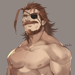 Rule 34 | 1boy, bara, beard, brown eyes, brown hair, eugen (granblue fantasy), eyepatch, facial hair, granblue fantasy, granblue fantasy (style), large pectorals, looking at viewer, male focus, manly, muscular, mustache, old, old man, pectorals, rybiok, solo, topless male, upper body