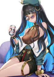Rule 34 | 1girl, absurdres, aztec, beer can, black hair, blue-tinted eyewear, blue hair, blush, bracer, breasts, brown eyes, can, colored inner hair, covered erect nipples, drink can, fate/grand order, fate (series), green hat, hat, headdress, highres, jewelry, leotard, leotard under clothes, long hair, looking at viewer, looking over eyewear, medium breasts, multicolored hair, neck ring, off shoulder, short shorts, shorts, simple background, sitting, solo, tenochtitlan (fate), tenochtitlan (second ascension) (fate), tinted eyewear, ura illust