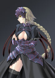 Rule 34 | 1girl, 210ten, armor, armored dress, black thighhighs, blonde hair, braid, breasts, capelet, chain, cleavage, cleavage cutout, clothing cutout, dark persona, dress, fate/apocrypha, fate/grand order, fate (series), gauntlets, headpiece, jeanne d&#039;arc (fate), jeanne d&#039;arc (ruler) (fate), jeanne d&#039;arc alter (fate), lace, lace-trimmed legwear, lace trim, large breasts, long hair, profile, single braid, solo, thighhighs, yellow eyes