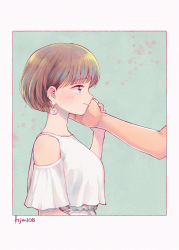 Rule 34 | 1girl, aqua background, aqua eyes, artist name, bare shoulders, blunt bangs, blush, bob cut, brown hair, closed mouth, earrings, faux traditional media, from side, hand on another&#039;s cheek, hand on another&#039;s face, highres, jewelry, kdc (tamaco333), light smile, looking away, out of frame, profile, ranma 1/2, saotome ranma, short hair, smile, splotch, tendou akane, upper body