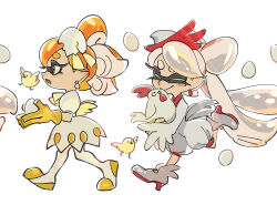 Rule 34 | 2girls, :o, ^ ^, alternate costume, animal, bird, bird tail, bird wings, blush, bow-shaped hair, callie (splatoon), chick, chicken, closed eyes, closed mouth, colored tongue, cousins, crack, cross-shaped pupils, dress, earrings, egg, egg earrings, eggshell, eggshell hat, from side, full body, gloves, grey footwear, grey hair, grey jumpsuit, grey tail, high heels, holding, holding animal, holding bird, holding egg, inkling, jewelry, jumpsuit, leg up, long hair, marie (splatoon), mini wings, mole, mole under eye, multiple girls, neck ribbon, nintendo, open mouth, orange hair, pantyhose, pointy ears, puffy short sleeves, puffy sleeves, ribbon, running, short eyebrows, short hair, short jumpsuit, short sleeves, sideways mouth, simple background, smile, splatoon (series), splatoon 2, suction cups, symbol-shaped pupils, tail, teeth, tentacle hair, ukata, very long hair, walking, white background, white dress, white pantyhose, wings, yellow eyes, yellow gloves, yellow ribbon, yellow tongue, yellow wings