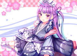 Rule 34 | 1girl, :d, absurdres, anchor, anchor symbol, apron, blue hair, blue kimono, checkered background, colored inner hair, floral background, frilled apron, frills, highres, hololive, japanese clothes, kimono, long hair, long sleeves, looking at viewer, minato aqua, minato aqua (new year), multicolored hair, one side up, open mouth, purple eyes, purple hair, smile, solo, two-tone hair, very long hair, virtual youtuber, waist apron, white apron, yuano