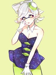 Rule 34 | 1girl, :p, bad id, bad twitter id, breasts, cleavage, collarbone, detached collar, dress, earrings, female focus, gloves, green background, green pantyhose, inkling, jewelry, large breasts, marie (splatoon), natsuno (ntn), nintendo, pantyhose, pointy ears, short hair, simple background, solo, splatoon (series), splatoon 1, strapless, strapless dress, tentacle hair, tongue, tongue out, white gloves, white hair, yellow eyes