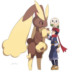 Rule 34 | 1boy, alpha pokemon, creatures (company), full body, furry, furry with non-furry, game freak, gen 4 pokemon, gen 7 pokemon, happy, hat, highres, interspecies, looking at another, looking at viewer, lopunny, makoto ikemu, nintendo, pokemon, pokemon (creature), pokemon legends: arceus, pokephilia, rabbit, rabbit ears, rabbit tail, red scarf, rei (pokemon), rowlet, rubbing, scarf, simple background, size difference