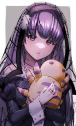 Rule 34 | 1girl, absurdres, aduti momoyama, bare shoulders, black dress, closed mouth, commentary request, dress, fingernails, fire emblem, fire emblem: the binding blade, fire emblem heroes, hair ornament, halloween, halloween costume, highres, holding, holding stuffed toy, long hair, looking at viewer, nintendo, off shoulder, official alternate costume, purple eyes, purple hair, purple nails, solo, sophia (fire emblem), sophia (halloween) (fire emblem), spider hair ornament, spider web print, stuffed spider, stuffed toy, veil