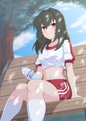 1girl bench bottle breasts closed_mouth commentary_request commission day feet_out_of_frame grey_hair gym_uniform hair_intakes highres holding holding_bottle juujou_kagari looking_at_viewer maruta_(denmasked) medium_breasts medium_hair navel on_bench outdoors red_eyes red_shorts shirt short_sleeves shorts sitting skeb_commission smile socks solo stomach tied_shirt toji_no_miko tree water_bottle white_shirt white_socks