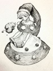 Rule 34 | 1girl, blush, book, capelet, closed mouth, doremy sweet, greyscale, hat, highres, holding, holding book, looking at viewer, mashimashi, monochrome, nightcap, pom pom (clothes), short hair, solo, touhou, traditional media