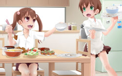 Rule 34 | 1boy, 1girl, androgynous, apron, blush, bowl, brother and sister, brown eyes, brown hair, chopsticks, crossdressing, food, food on face, green eyes, highres, meat, open mouth, original, outstretched arm, plate, salad, school uniform, serving, short hair, siblings, skirt, smile, trap, twintails, yuki18r