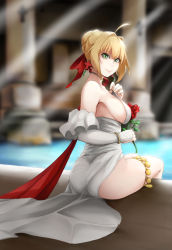 Rule 34 | 1girl, ahoge, ass, bad id, bad pixiv id, bare shoulders, bibi (love live!), blonde hair, breasts, choker, detached sleeves, dress, fate/extra, fate (series), flower, green eyes, hair ornament, highres, large breasts, nero claudius (fate), nero claudius (fate) (all), nero claudius (fate/extra), nero claudius (formal dress) (fate), noir (4chan), official alternate costume, poolside, rose, sideboob, sitting, smile, solo, white dress