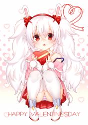 Rule 34 | 1girl, animal ears, azur lane, candy, chihiro (khorosho), chocolate, chocolate heart, commentary request, food, gift, hair between eyes, hairband, heart, highres, holding, laffey (azur lane), long hair, looking at viewer, panties, pantyshot, pleated skirt, rabbit ears, red eyes, simple background, sitting, skirt, solo, squatting, striped clothes, striped panties, thighhighs, twintails, underwear, very long hair, white hair, white thighhighs, zettai ryouiki