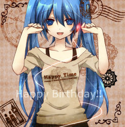 Rule 34 | 1girl, arms up, bad id, bad pixiv id, blue eyes, blue hair, clothes writing, happy birthday, hatsune miku, ichinose yukino, long hair, looking at viewer, matching hair/eyes, open mouth, solo, twintails, vocaloid