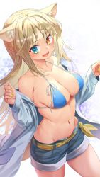 Rule 34 | 1girl, animal ear fluff, animal ears, bikini, bikini top only, blonde hair, blue bikini, blue eyes, blue shorts, breasts, collarbone, commentary request, fang, fingernails, heterochromia, highres, long hair, looking at viewer, medium breasts, mitake eil, nail polish, navel, open mouth, orange eyes, original, shorts, smile, solo, swimsuit, thighs, white background, yellow nails