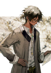 Rule 34 | 1boy, arknights, bespectacled, black hair, border, bright pupils, brown coat, coat, commentary, dark-skinned male, dark skin, glasses, hair up, holding, holding map, huanxiang heitu, jewelry, long sleeves, looking at viewer, male focus, map, necklace, orange eyes, patterned background, ponytail, shirt, short hair, short ponytail, simple background, solo, symbol-only commentary, thorns (arknights), upper body, white pupils, white shirt