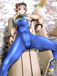 Rule 34 | 1girl, bodysuit, cameltoe, capcom, chun-li, cropped jacket, highres, naughty face, no bra, no panties, qkat (arikawa-dou), solo, spread legs, street fighter, thick thighs, thighs, tight clothes, unitard