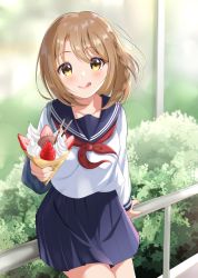 Rule 34 | 1girl, bag, bench, blonde hair, blue sailor collar, blue skirt, blurry, blurry background, blush, braid, crepe, food, hand up, highres, holding, holding food, hominotsu, licking lips, long sleeves, looking at viewer, neckerchief, original, outdoors, pleated skirt, railing, red neckerchief, sailor collar, school bag, school uniform, serafuku, shirt, short hair, skirt, smile, solo, standing, tongue, tongue out, white shirt, yellow eyes