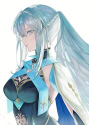 Rule 34 | 1girl, blue eyes, blunt bangs, braid, breasts, capelet, fate/grand order, fate (series), highres, long hair, looking at viewer, medium breasts, morgan le fay (fate), nigiri, ponytail, side braid, sidelocks, solo, spikes, white background, white capelet, white hair