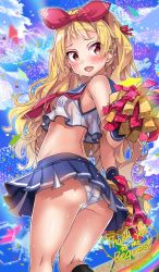 Rule 34 | 1girl, ass, azur lane, blonde hair, blush, cheerleader, commentary request, commission, confetti, fang, jenkins (azur lane), long hair, looking at viewer, macaroni hourensou, panties, pom pom (cheerleading), red eyes, skeb commission, sky, solo, sweat, translation request, underwear