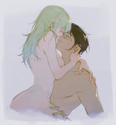 Rule 34 | 1boy, 1girl, black hair, breasts, byleth (female) (fire emblem), byleth (fire emblem), claude von riegan, closed eyes, completely nude, dark-skinned male, dark skin, ear piercing, facial hair, fire emblem, fire emblem: three houses, green eyes, green hair, grey background, halglitch 42, happy sex, highres, implied sex, long hair, medium breasts, nintendo, nude, parted lips, piercing, sex, simple background, sweat