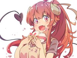 Rule 34 | 1girl, :d, ahoge, alternate hairstyle, apron, black shirt, blush, box, breasts, brown eyes, brown hair, chocolate, chocolate on face, chocolate on hand, commentary request, curled horns, demon girl, demon horns, demon tail, fang, floating hair, food, food on face, food on hand, gift, hair between eyes, hands up, happy, heart-shaped box, highres, holding, holding gift, horns, icorasama, large breasts, long hair, looking at viewer, machikado mazoku, open mouth, ponytail, red ribbon, ribbon, shirt, short sleeves, sidelocks, simple background, skin fang, smile, solo, tail, tail raised, tareme, valentine, white background, yoshida yuuko (machikado mazoku)