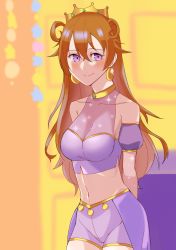 Rule 34 | 1girl, arms behind back, artist name, artist request, blush, bracelet, breasts, brown hair, butterfly (love live!), choker, cleavage, clothing cutout, collarbone, cropped shirt, crown, detached sleeves, double bun, dress, dress shirt, earrings, female focus, gold bracelet, hair between eyes, hair bun, hair rings, harem outfit, highres, jewelry, konoe kanata, long hair, looking at viewer, love live!, love live! nijigasaki high school idol club, love live! school idol festival, medium breasts, navel, parted lips, puffy short sleeves, puffy sleeves, purple eyes, purple shirt, purple shorts, shirt, short sleeves, shorts, shoulder cutout, smile, solo, sparkle, two side up, yellow bracelet, yellow choker