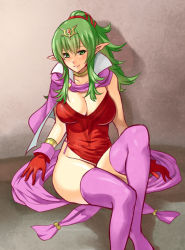 Rule 34 | 1girl, aged up, bad id, bad pixiv id, blush, breasts, cape, cleavage, dress, fire emblem, fire emblem: mystery of the emblem, fire emblem awakening, gloves, green eyes, green hair, hair ornament, hair ribbon, hip focus, huge breasts, large breasts, long hair, matanonki, matching hair/eyes, nintendo, no panties, pointy ears, ponytail, purple thighhighs, ribbon, smile, solo, thighhighs, thighs, tiki (adult) (fire emblem), tiki (fire emblem)