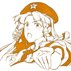 Rule 34 | 1girl, braid, hat, hi you (flying bear), hong meiling, long hair, monochrome, open mouth, simple background, solo, star (symbol), touhou, twin braids, white background