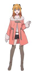Rule 34 | 1girl, black bow, black shorts, blonde hair, boots, bow, brown eyes, brown footwear, coat, collarbone, full body, fur-trimmed coat, fur trim, hair bow, hayakawa mion, highres, long hair, long sleeves, looking at viewer, official art, open mouth, pink coat, shorts, sidelocks, simple background, solo, thigh boots, transparent background, yoru no kurage wa oyogenai