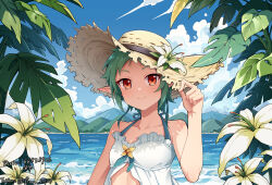 Rule 34 | 1girl, absurdres, bare arms, bare shoulders, blue sky, chinese commentary, chubb, closed mouth, cloud, commentary request, day, dress, flower, flower request, green hair, halterneck, hand on headwear, hat, highres, light blush, looking at viewer, mixed-language commentary, mountainous horizon, mushoku tensei, ocean, orange eyes, outdoors, pixiv id, plant, pointy ears, short hair, sky, smile, solo, straw hat, sylphiette (mushoku tensei), twitter username, upper body, water, white dress