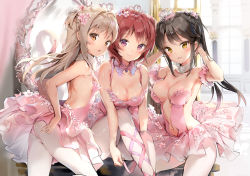 Rule 34 | 3girls, adjusting clothes, adjusting legwear, anmi, ass, ballerina, ballet slippers, bare shoulders, black hair, blush, breasts, brown eyes, choker, cleavage, commentary request, detached collar, detached sleeves, dress, flower, frilled sleeves, frills, grey hair, hair flower, hair ornament, hair ribbon, highres, indoors, jewelry, large breasts, light brown hair, long hair, looking at viewer, medium breasts, mirror, multiple girls, navel, open mouth, original, pantyhose, pink dress, pink flower, pink ribbon, purple eyes, red hair, ribbon, short hair, sidelocks, sitting, small breasts, smile, standing, stomach, tiara, tutu, twintails, two side up, wavy hair, white legwear, yellow eyes