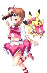 Rule 34 | 1girl, ;d, absurdres, bad id, bad pixiv id, blush, bow, breasts, brown hair, creatures (company), game freak, gen 1 pokemon, hair between eyes, hair bow, highres, layered skirt, leg up, long hair, looking at viewer, may (pokemon), may (pokemon oras), medium breasts, midriff, navel, nintendo, one eye closed, open mouth, pikachu, pink bow, pink footwear, pink skirt, pleated skirt, pokemon, pokemon (creature), pokemon oras, purple eyes, shoes, side ponytail, simple background, skirt, smile, standing, standing on one leg, stomach, twintails, white background, wrist cuffs, yuihico