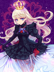 Rule 34 | 1girl, blonde hair, blue eyes, crown, dress, gloves, haou, long hair, purple background, rose witch, see-through, shiei no sona-nyl, smile, solo, steampunk (liarsoft), white dress