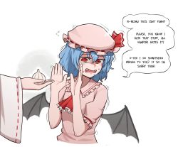 Rule 34 | 2girls, ascot, bat wings, blue hair, bullying, commentary, crying, english commentary, english text, fang, fangs, frilled shirt collar, frilled sleeves, frills, garlic, hakurei reimu, hands up, hat, hat ribbon, highres, mata (matasoup), mob cap, multiple girls, open mouth, pink shirt, ranguage, red eyes, red ribbon, remilia scarlet, ribbon, ribbon-trimmed sleeves, ribbon trim, shirt, short sleeves, simple background, solo focus, speech bubble, tears, teeth, touhou, trembling, white background, wide sleeves, wings