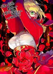 Rule 34 | 1girl, aestus domus aurea, ahoge, arms up, blonde hair, blood, blood on face, blood splatter, breasts, cleavage, dress, english text, epaulettes, fate/extra, fate (series), fighting stance, flower, green eyes, hair intakes, looking at viewer, nero claudius (fate), nero claudius (fate) (all), nero claudius (fate/extra), petals, red dress, redrop, rose, rose petals, short hair, solo, translation request
