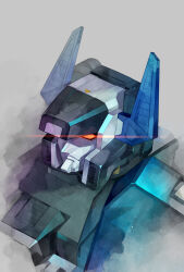 Rule 34 | autobot, fortress maximus, glowing, glowing eye, grey background, highres, mecha, no humans, portrait, rai mugi, red eyes, robot, science fiction, solo, transformers, transformers: the headmasters