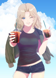 Rule 34 | 1girl, absurdres, black shirt, black shorts, blonde hair, blue eyes, blue sky, breasts, cloud, collarbone, contrapposto, day, drinking straw, girls und panzer, green jacket, grin, hair intakes, highres, holding, jacket, jacket on shoulders, kay (girls und panzer), long hair, looking at viewer, medium breasts, micro shorts, one eye closed, open clothes, open jacket, outdoors, queen elicca, saunders military uniform, shirt, short sleeves, shorts, sky, smile, solo, standing, t-shirt
