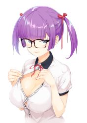 Rule 34 | 1girl, black-framed eyewear, blue eyes, blush, bow, bowtie, breasts, cleavage, glasses, hair ribbon, large breasts, looking at viewer, maeda risou, original, purple hair, ribbon, shirt, short hair, short twintails, simple background, solo, twintails, unbuttoned, white background, white shirt