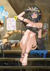 Rule 34 | arknights, arm strap, artist request, bare legs, barefoot, black hair, black scarf, blue eyes, blue hairband, bra, eunectes (arknights), feet, fingerless gloves, gloves, hairband, highres, holding, holding wrench, looking at viewer, mechanic, nail polish, pointy ears, scarf, short hair, sitting, snake tail, solo, stairs, strapless, tail, toenail polish, toenails, toes, tube top, underwear, wrench